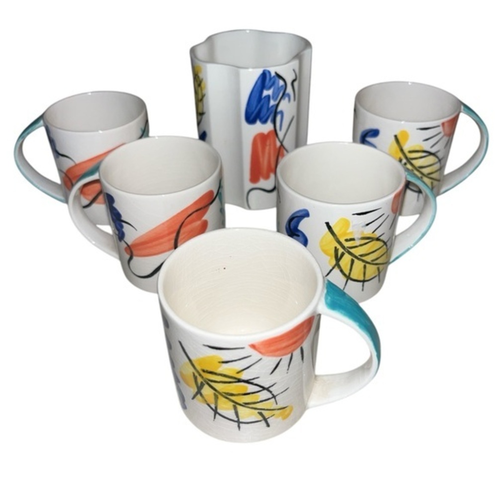 GIEN France SMALL MUGS Hand Painted Design Pient Main SUN & LEAF ABSTRACT DESIGN